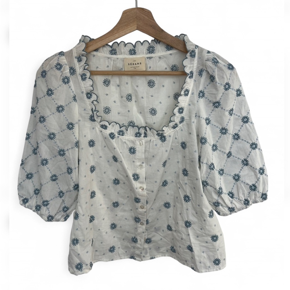Sezane Kellia shirt size 34/2 blue ecru daisies EUC - Picture 2 of 5